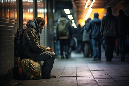 homeless man with old clothes. AI generated