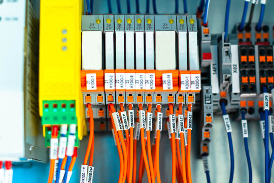 New control panel with circuit-breakers, fuses, rails, low voltage meters, current transformers, relays and other electrical equipment.