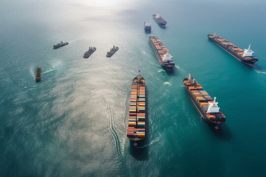 Above view of cargo vessels in busy ocean. Generative AI