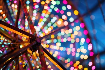close-up of multicolored bokeh lights of a ferris wheel in the city - obrazy, fototapety, plakaty