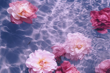 pink peonies in a purple rippled water with sun glares flat lay