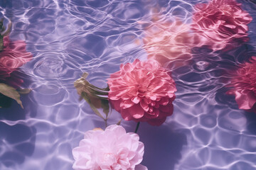 Obraz premium pink peonies in a purple rippled water with sun glares flat lay