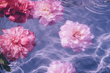 pink peonies in a purple rippled water with sun glares flat lay