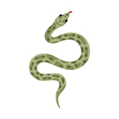 Hand drawn snake clipart. Tropical or Wild West poison viper in the top view. Green dangerous serpent isolated on background. Vector wildlife concept. Jungle or zoo snake slithering with tongue out.