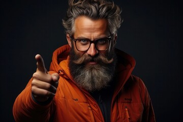 a hipster  man with a beard and glasses points his finger