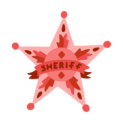 Hand drawn sheriff badge in the star shape in cartoon cute style. Cowgirl emblem of western police, sign of law, security and justice. Wild West and cowboy symbol with ribbons isolated on background.