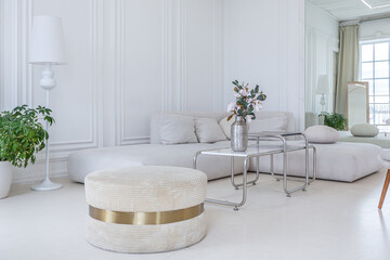 interior of a bright living room in a luxurious baroque style with white walls decorated with...