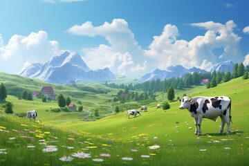 Cows grazing on green meadows in spring. Realistic 3D art. Generative AI