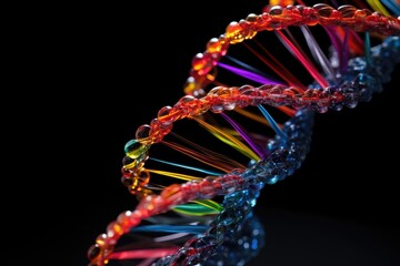 close-up of colorful dna model against a black backdrop