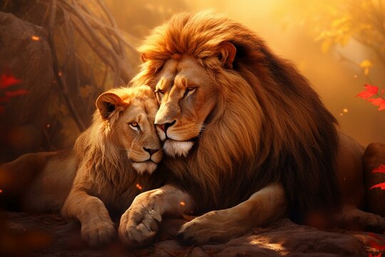 Lion and lioness embrace in a digital artwork. Generative AI