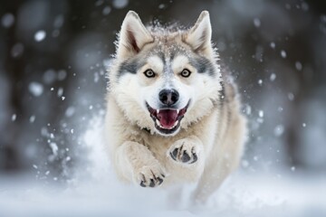 a siberian husky in the snow, tail whirling in a flurry