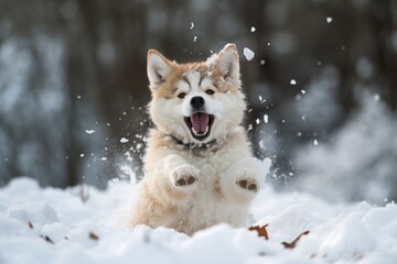 a playful husky trying to catch its tail in the snow