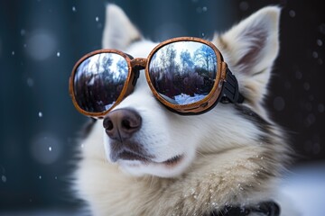 siberian husky in the snow with ski goggles