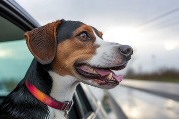 beagle with head out of a car window, rainbow after a rain in the backdrop