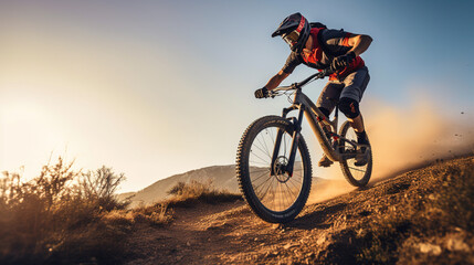 Adventurous Mountain Biker Swiftly Descending a Thrilling Trail: Exhilarating Outdoor Recreational Lifestyle Sport Amidst the Beauty of Nature