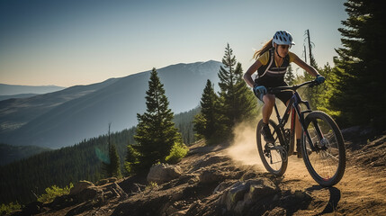 Fototapeta premium Adventurous Mountain Biker Swiftly Descending a Thrilling Trail: Exhilarating Outdoor Recreational Lifestyle Sport Amidst the Beauty of Nature