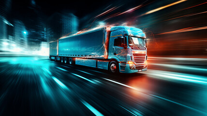 Trucks are driving in the city at night speed.