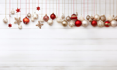 Naklejka na ściany i meble Line of red and golden shiny Christmas baubles, balls and ornaments hanging on white wooden planks background with copy space