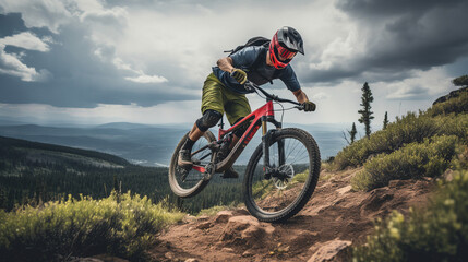 Fototapeta na wymiar Adventurous Mountain Biker Swiftly Descending a Thrilling Trail: Exhilarating Outdoor Recreational Lifestyle Sport Amidst the Beauty of Nature