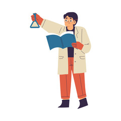 Little Boy Chemist and Scientist with Flask and Book in Chemistry Lab Doing Scientific Experiment Vector Illustration
