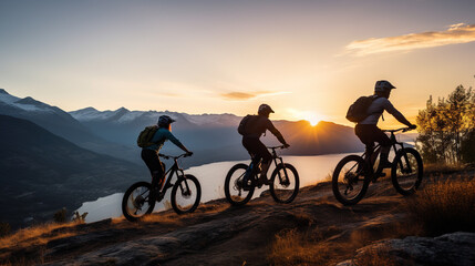 Group of Friends on Electric Bicycles Embarking on an Adventurous Ride Through the Breathtaking Scenic Beauty of the Mountains