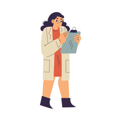 Little Girl Chemist and Scientist with Clipboard in Chemistry Lab Doing Scientific Experiment Vector Illustration