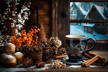 Fototapeta na wymiar aromatic coffee in a mug surrounded by winter decorations