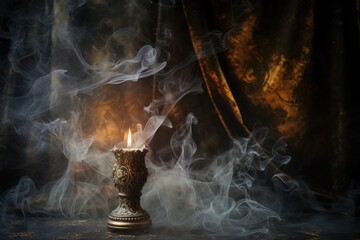 ethereal smoke swirling around a lit candle in a dark room