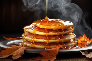 close-up of hot steaming pancakes with maple syrup on a cold morning - obrazy, fototapety, plakaty
