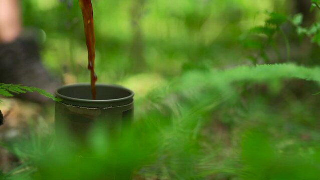 Black coffee being poured into a cup while outdoors in a forest