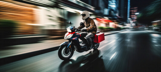 Obraz premium Courier, delivery man on the motorcycles in the street, Fast transport express home delivery online order, food delivery, Blurred image