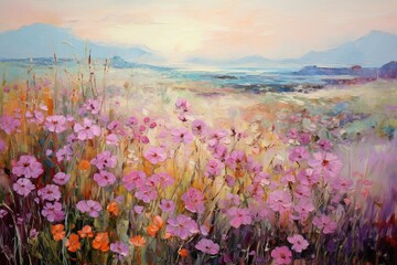 Impressionist landscape with colorful flowers in various shades of pink and purple. Generative AI - obrazy, fototapety, plakaty