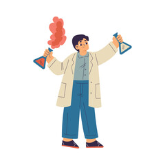 Little Boy Chemist and Scientist with Flask in Chemistry Lab Doing Scientific Experiment Vector Illustration