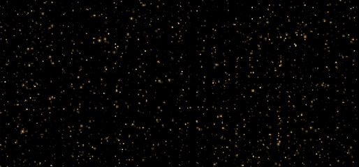 Festive vector background with gold glitter and confetti for Christmas celebration. Black background with glowing golden particles.