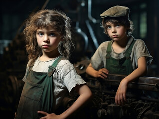 Obraz premium children at work in factory, generative ai