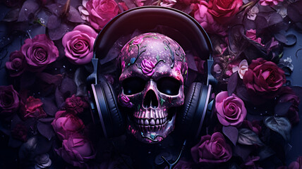  skull and headphones on the flower background