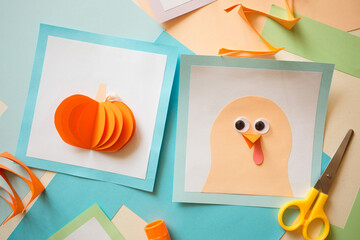 paper craft for kids. DIY cards with pumpkin and Turkey for thanksgiving day. create art for children.