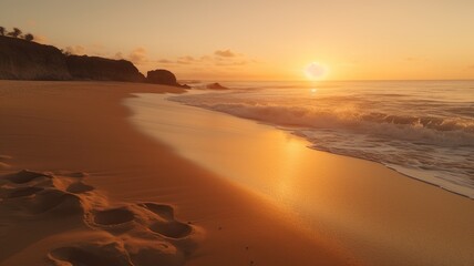 Obraz premium Beach Tranquility at Dusk Sunset Beauty with Sand and Waves