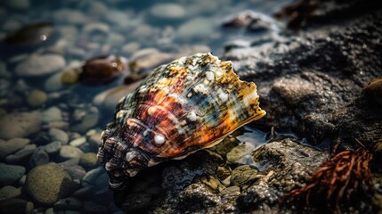 Captivating Seashell on Rocky Shoreline - Coastal Elegance Amidst Rugged Beauty