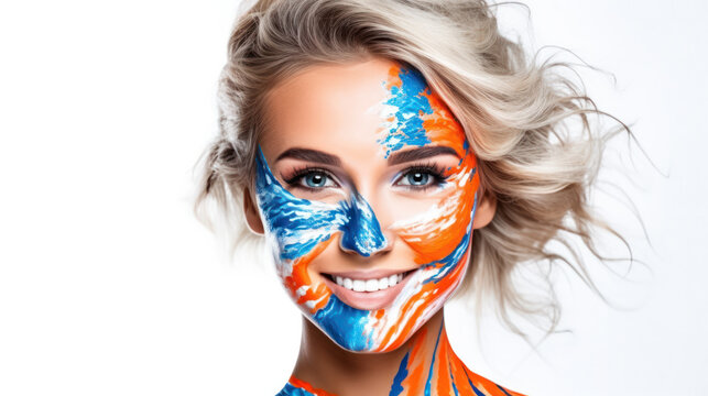 Portrait of a woman with abstract painted face in blue and orange colors.