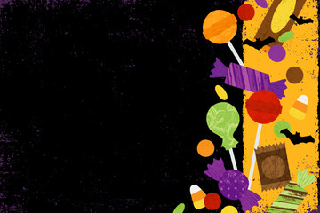 Halloween candy and copy space in a cut paper style with textures
