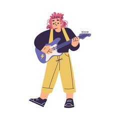 Little Girl in Rock Band Playing Electric Guitar Musical Instrument Vector Illustration