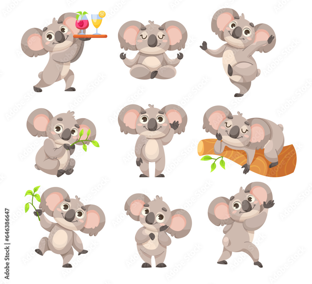 Aufkleber cute koala character with large ears and nose engaged in different activity vector set