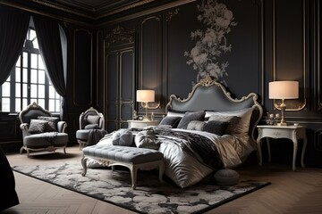 Sophisticated and opulent bedroom design with a Parisian touch. Generative AI
