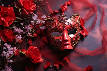red carnival mask with flowers on velvet background. Generative AI
