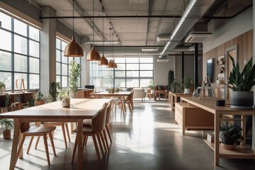 Contemporary coworking space with concrete, wood, equipment, daylight, and furniture. Generative AI