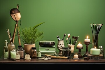Cosmetics table, brushes, candles, mirrors by green wall in room. Generative AI