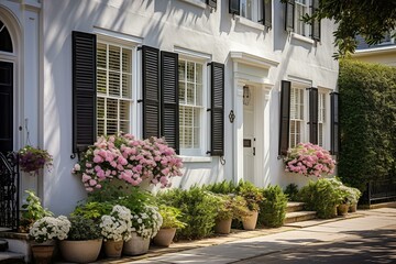 Fototapeta na wymiar Exterior house with wall siding, sidewalk, architecture, and flower planter decorations in Charleston, South Carolina. Generative AI