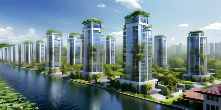 Concept design of urban living in harmony with nature. Extremely detailed and realistic high resolution illustration