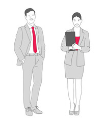 Confident professionals in suit, Two smiling happy businesspeople in formalwear cartoon outline isolated on white background, vector illustration